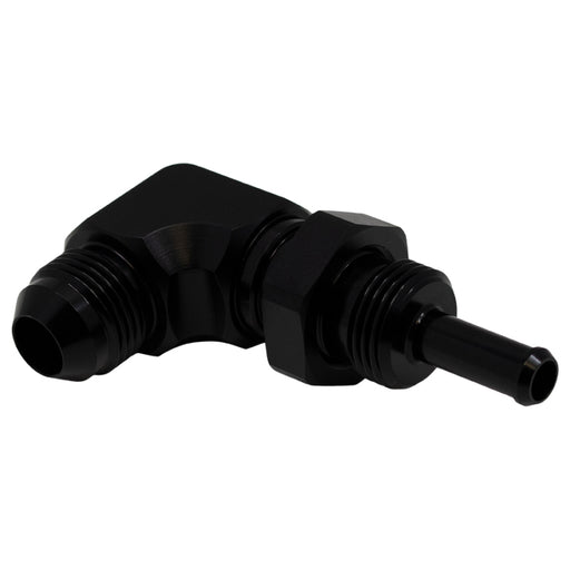 DeatschWerks 8AN Male Flare to 5/16in Male Barb Bulkhead Adapter 90-Degree - Anodized Matte Black DeatschWerks Fittings