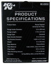 K&N Universal Rubber Filter 3 1/2inch ID FLG / 6inch Base / 4-5/8inch Top / 6inch Height K&N Engineering Air Filters - Universal Fit