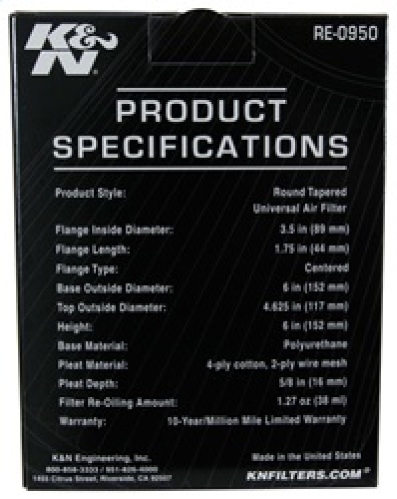K&N Universal Rubber Filter 3 1/2inch ID FLG / 6inch Base / 4-5/8inch Top / 6inch Height K&N Engineering Air Filters - Universal Fit