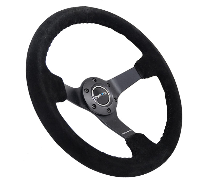 NRG Reinforced Steering Wheel (350mm / 3in. Deep) Blk Suede/Blk Bball Stitch w/5mm Matte Black Spoke NRG Steering Wheels