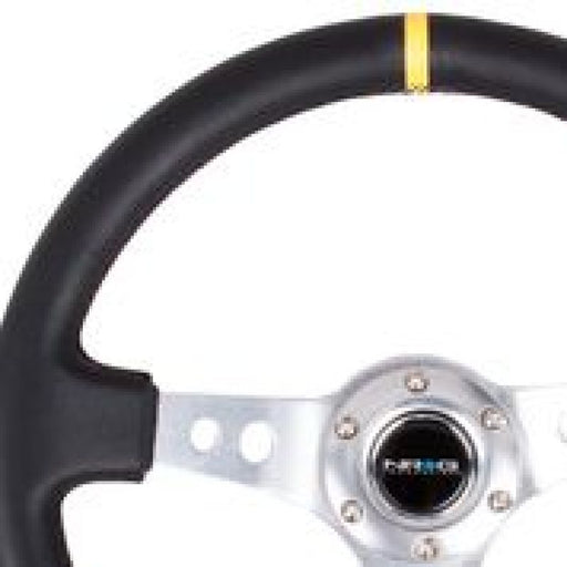 NRG Reinforced Steering Wheel (350mm / 3in. Deep) Blk Leather w/Circle Cut Spokes & Single Yellow CM NRG Steering Wheels