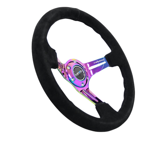 NRG Reinforced Steering Wheel (350mm / 3in. Deep) Blk Suede/Blk Stitch w/Neochrome Slits NRG Steering Wheels