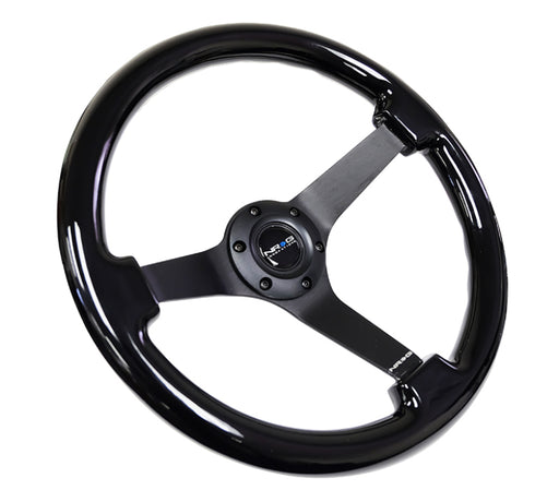 NRG Reinforced Steering Wheel (350mm / 3in. Deep) Black w/Black Chrome Solid 3-Spoke Center NRG Steering Wheels