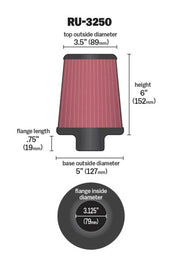 K&N Universal Tapered Filter 3.125in Flange ID x 5in Base OD x 3.5in Top OD x 6in Height K&N Engineering Air Filters - Universal Fit