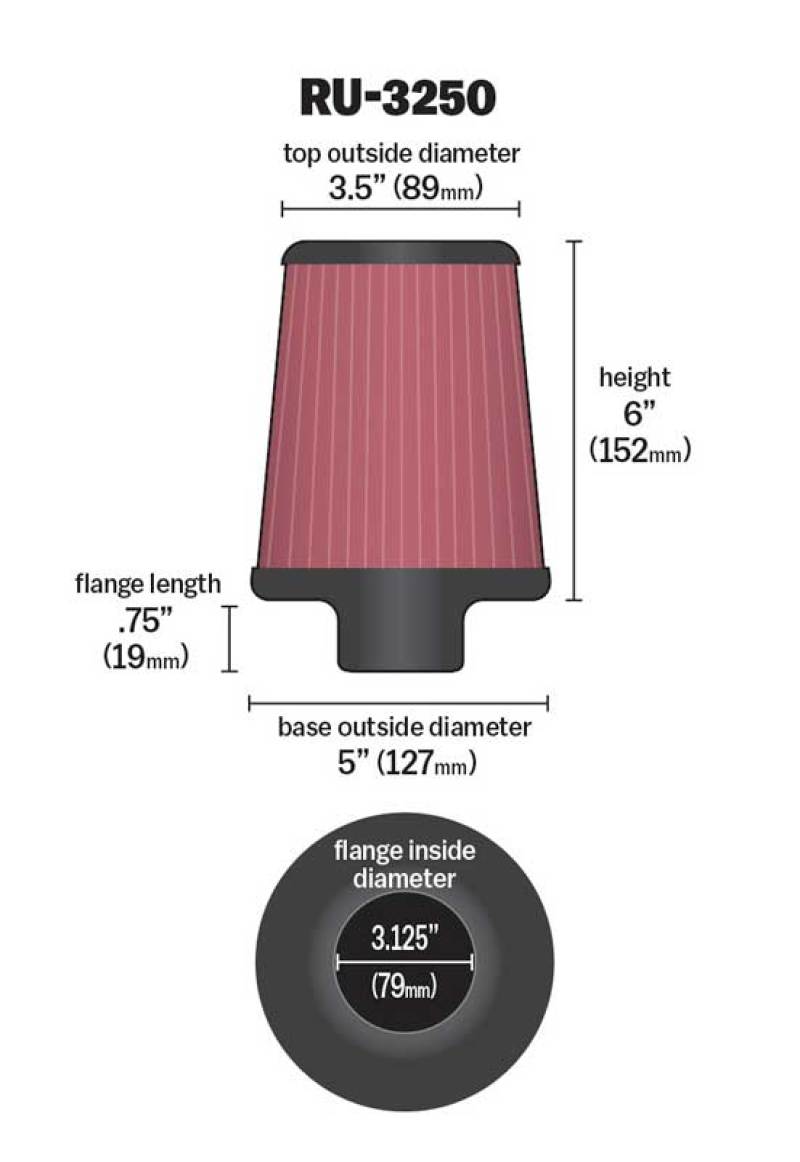 K&N Universal Tapered Filter 3.125in Flange ID x 5in Base OD x 3.5in Top OD x 6in Height K&N Engineering Air Filters - Universal Fit
