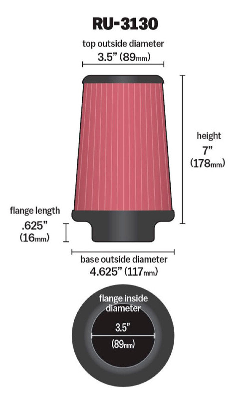 K&N Filter Universal Rubber Filter 3 1/2 inch Flange 4 5/8 inch Base 3 1/2 inch Top 7 inch Height K&N Engineering Air Filters - Universal Fit