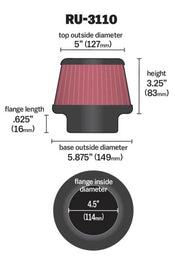 K&N Universal Rubber Filter Round Tapered 4.5in Flange ID x 5.875 Base OD x 5in Top OD x 3.25in H K&N Engineering Air Filters - Universal Fit