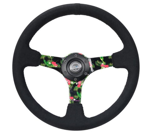 NRG Reinforced Steering Wheel (350mm / 3in. Deep) Black Suede w/ 5mm Floral 3-Spoke Center NRG Steering Wheels