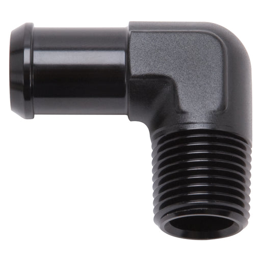 Edelbrock Hose End 90-Deg 1/2In NPT to 1/2In Barb Black Anodize Edelbrock Fittings