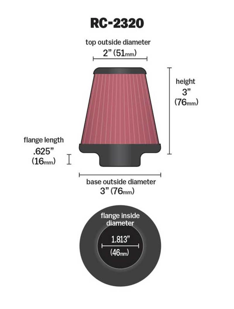 K&N Universal Air Filter 1-13/16in FLG / 3in Bottom / 2in Top / 3in Height K&N Engineering Air Filters - Universal Fit