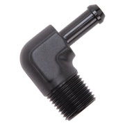 Edelbrock Hose End 90-Deg 1/2In NPT to 3/8In Barb Black Anodize Edelbrock Fittings
