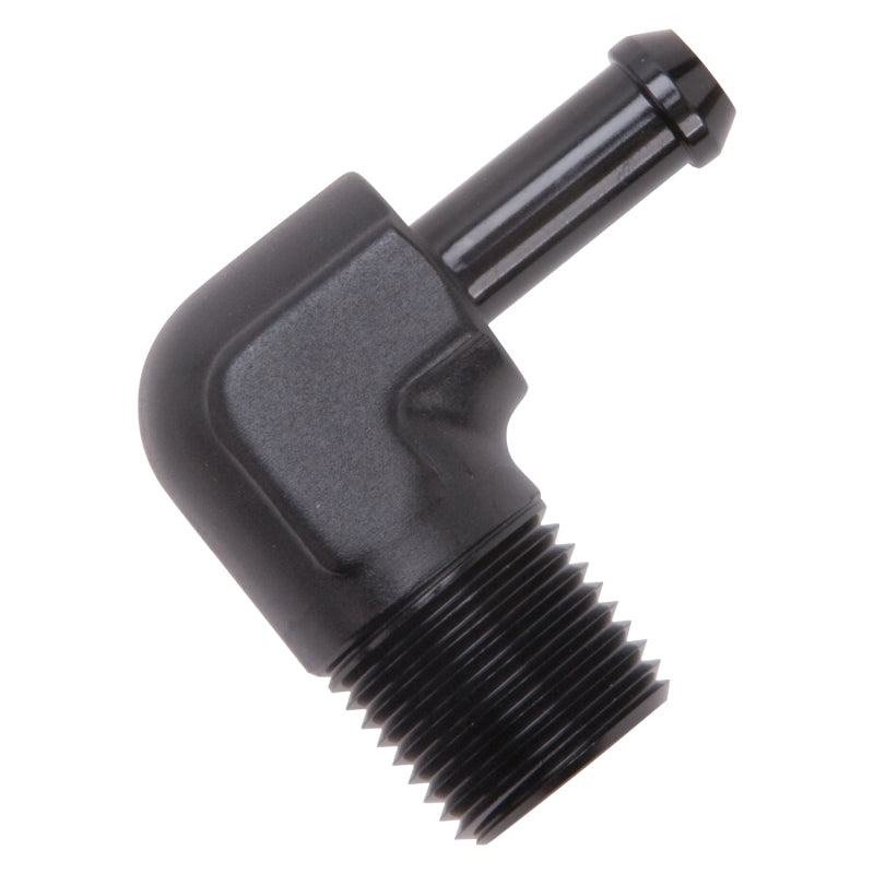 Edelbrock Hose End 90-Deg 1/2In NPT to 3/8In Barb Black Anodize Edelbrock Fittings