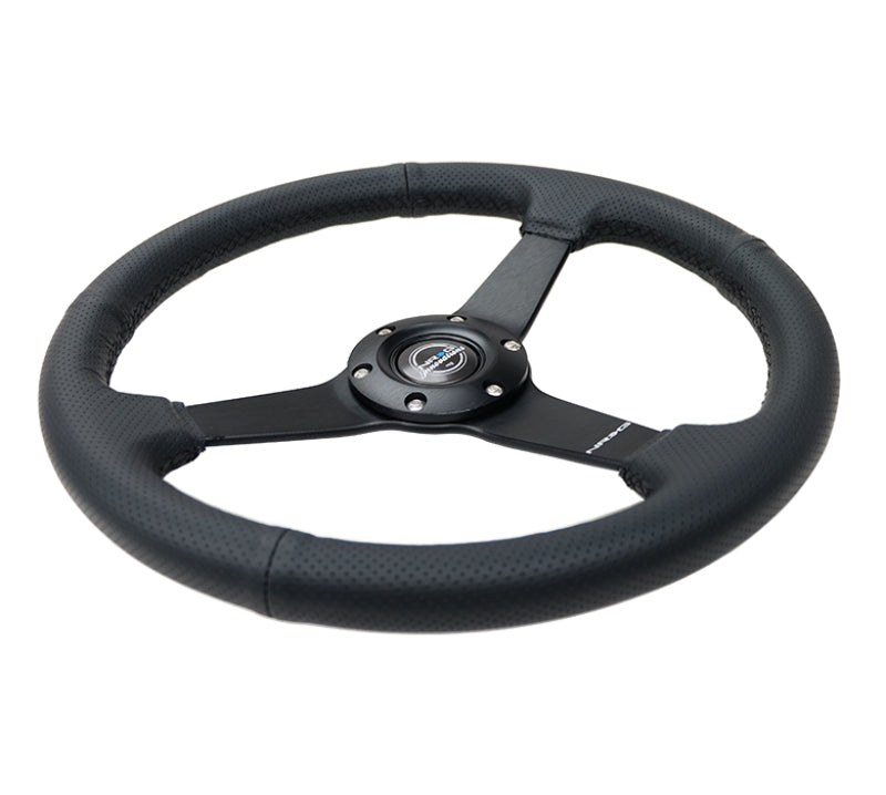 NRG Sport Steering Wheel (350mm / 1.5in Deep) Black Leather Black Stitch w/Matte Black Solid Spokes NRG Steering Wheels