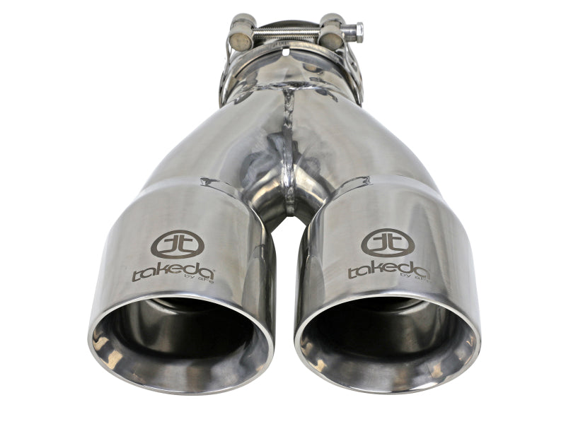 aFe Takeda 2.5in 304 Stainless Steel Clamp-on Exhaust Tip 2.5in Inlet 3in Dual Outlet - Polished aFe Tips