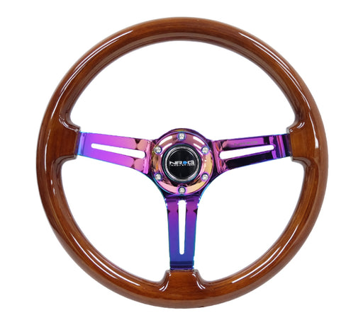 NRG Reinforced Steering Wheel (350mm / 3in. Deep) Brown Wood w/Blk Matte Spoke/Neochrome Center Mark NRG Steering Wheels