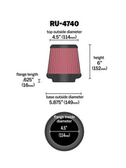 K&N Filter Universal Rubber Filter Round Tapered 4.5in Flange 5.875in Base 4.5 inch Top 6in Height K&N Engineering Air Filters - Universal Fit