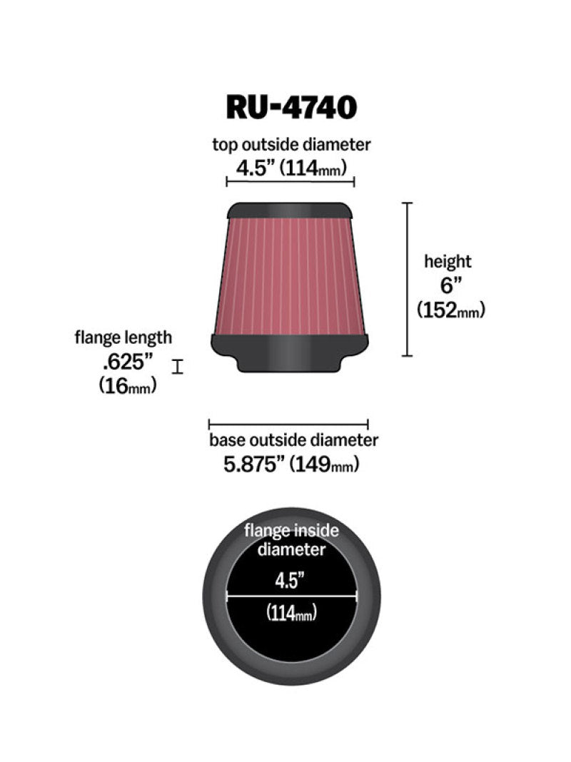 K&N Filter Universal Rubber Filter Round Tapered 4.5in Flange 5.875in Base 4.5 inch Top 6in Height K&N Engineering Air Filters - Universal Fit