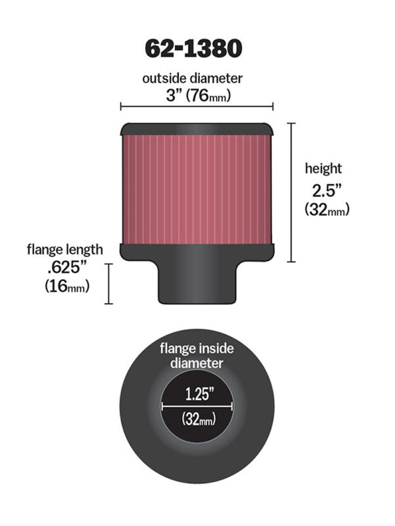 K&N 1.25in Flange ID x 3in OD x 2.5 inch H Rubber Base Crankcase Vent Filter K&N Engineering Air Filters - Universal Fit