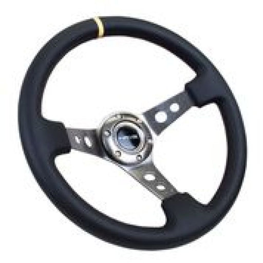 NRG Reinforced Steering Wheel (350mm / 3in. Deep) Blk Leather w/Gunmetal Cutout Spoke & Yellow CM NRG Steering Wheels