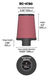 K&N Universal Filter Round Tapered 4in FlangeID / 6.625in Base OD / 5.25in Top OD / 9.5in Height K&N Engineering Air Filters - Universal Fit