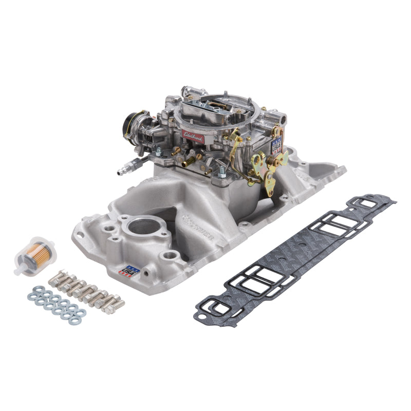 Edelbrock Manifold And Carb Kit Performer Air-Gap Small Block Chevrolet 1957-1986 Natural Finish Edelbrock Intake Manifolds