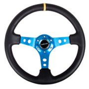 NRG Reinforced Steering Wheel (350mm / 3in. Deep) Blk Leather w/Blue Circle Cutout Spokes NRG Steering Wheels