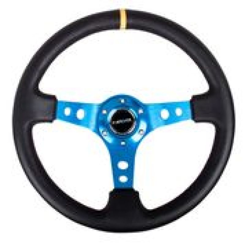 NRG Reinforced Steering Wheel (350mm / 3in. Deep) Blk Leather w/Blue Circle Cutout Spokes NRG Steering Wheels