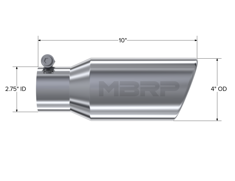 MBRP Universal Tip 4in OD 2.75in Inlet 10in Length Angled Rolled End T304 MBRP Steel Tubing