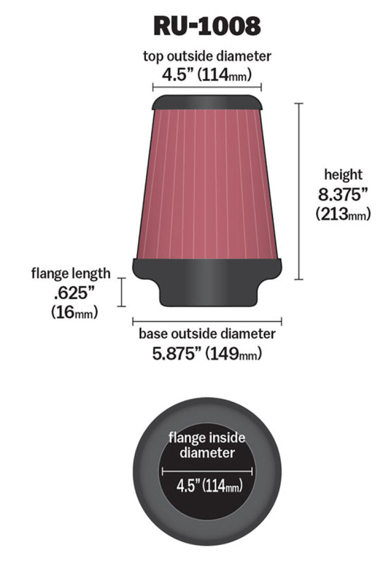 K&N Universal Clamp-On Air Filter 4-1/2in FLG / 5-7/8in B / 4-1/2in T / 8-3/8in H K&N Engineering Air Filters - Universal Fit