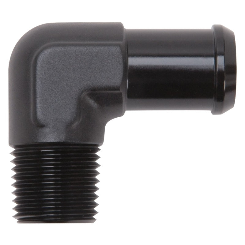 Edelbrock Hose End 90-Deg 1/2In NPT to 3/4In Barb Black Anodize Edelbrock Fittings