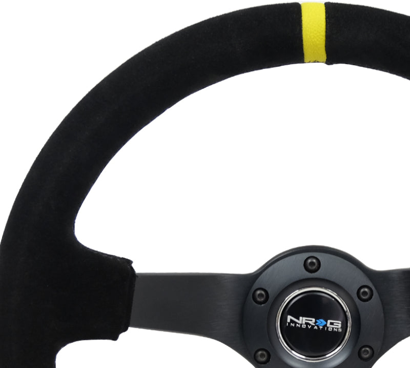 NRG Reinforced Steering Wheel (350mm / 3in. Deep) Blk Suede/X-Stitch w/5mm Blk Spoke & Yellow CM NRG Steering Wheels