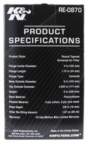 K&N Universal Rubber Filter 4inch FLG / 6inch OD-B / 4-5/8inch OD-T / 9inch H K&N Engineering Air Filters - Universal Fit