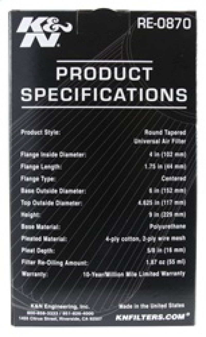K&N Universal Rubber Filter 4inch FLG / 6inch OD-B / 4-5/8inch OD-T / 9inch H K&N Engineering Air Filters - Universal Fit