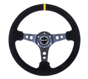 NRG Reinforced Steering Wheel (350mm / 3in. Deep) Blk Suede w/Circle Cut Spokes & Single Yellow CM NRG Steering Wheels