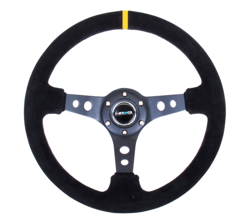 NRG Reinforced Steering Wheel (350mm / 3in. Deep) Blk Suede w/Circle Cut Spokes & Single Yellow CM NRG Steering Wheels