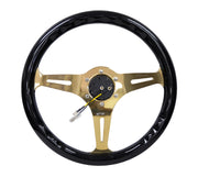 NRG Classic Wood Grain Steering Wheel (350mm) Black Grip w/Chrome Gold 3-Spoke Center NRG Steering Wheels