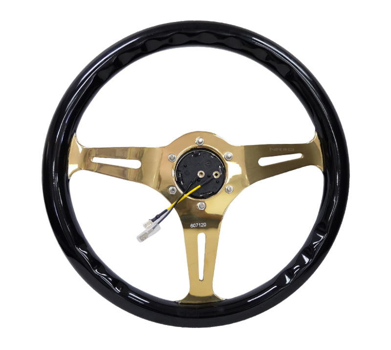 NRG Classic Wood Grain Steering Wheel (350mm) Black Grip w/Chrome Gold 3-Spoke Center NRG Steering Wheels