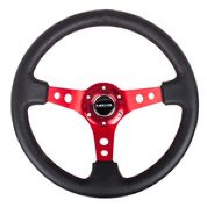 NRG Reinforced Steering Wheel (350mm / 3in. Deep) Blk Leather w/Red Circle Cutout Spokes NRG Steering Wheels
