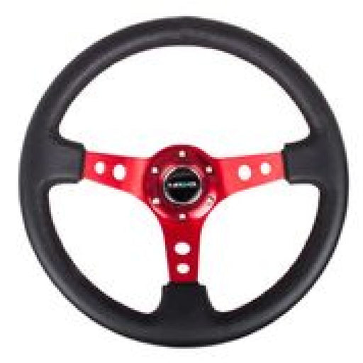 NRG Reinforced Steering Wheel (350mm / 3in. Deep) Blk Leather w/Red Circle Cutout Spokes NRG Steering Wheels
