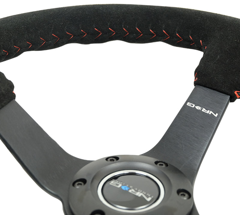 NRG Reinforced Steering Wheel (350mm / 3in. Deep) Blk Suede/Red BBall Stitch w/5mm Matte Blk Spokes NRG Steering Wheels