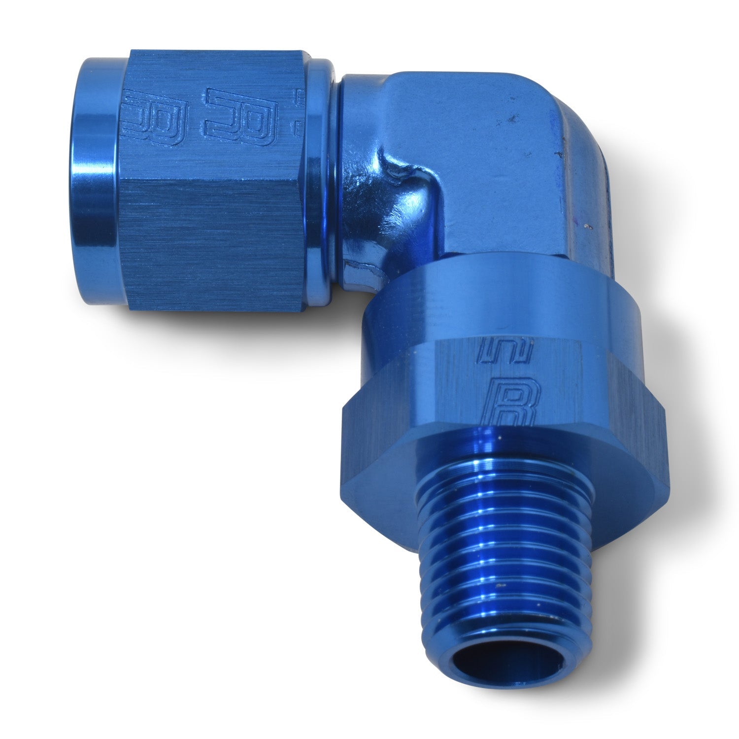 6AN Flare Female To 3/8" NPT Male 90 Degree Swivel Fitting With Blue Finish