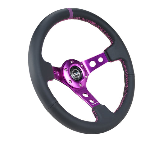 NRG Reinforced Steering Wheel (350mm / 3in. Deep) Black Leather w/Purple Center & Purple Stitching NRG Steering Wheels