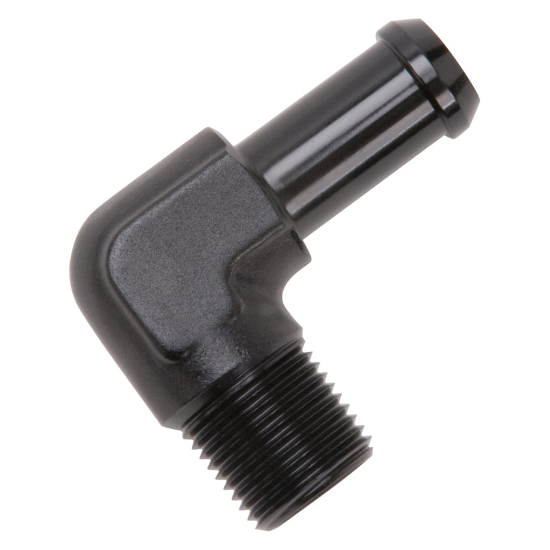 Edelbrock Hose End 90-Degree 3/8In NPT to 1/2In Barb Black Anodize Edelbrock Fittings