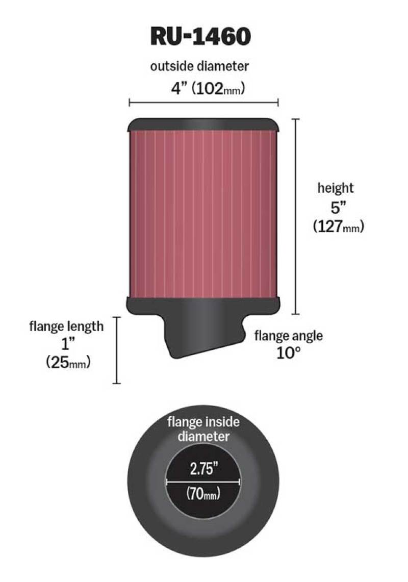 K&N Filter Universal Rubber Filter 2 3/4 inch 10 Degree Flange 4 inch OD 5 inch Height K&N Engineering Air Filters - Universal Fit