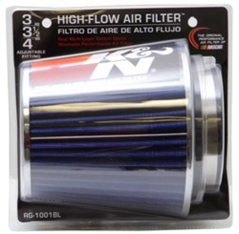 K&N Universal Air Filter Chrome Round Tapered Blue - 4in Flange ID x 1.125in Flange Length x 5.5in H K&N Engineering Air Filters - Universal Fit