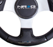 NRG Carbon Fiber Steering Wheel (350mm) Silver Frame Blk Stitching w/Rubber Cover Horn Button NRG Steering Wheels
