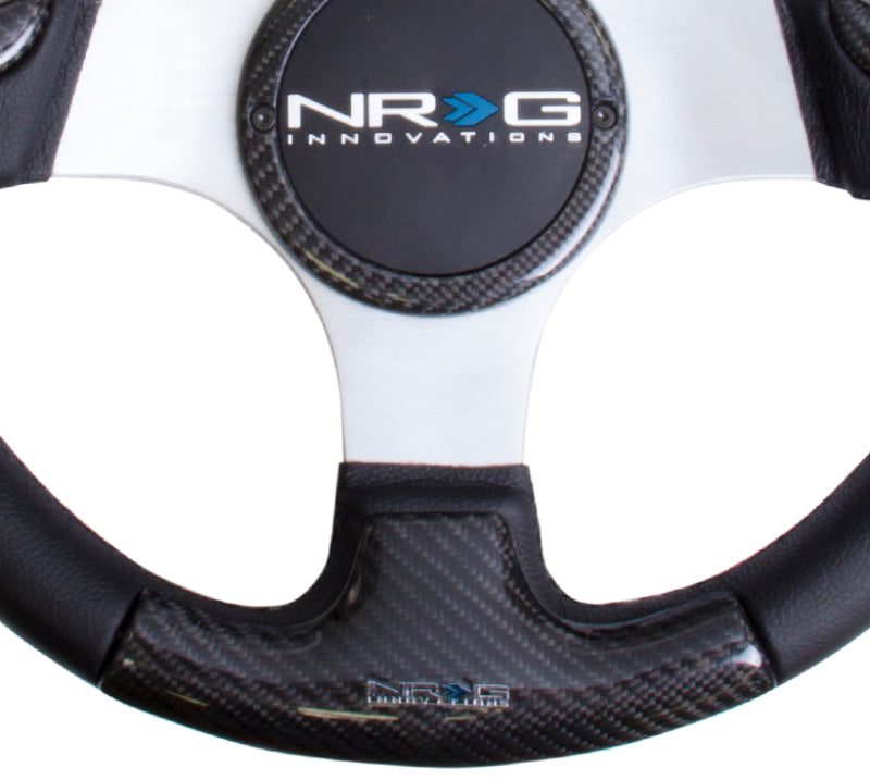 NRG Carbon Fiber Steering Wheel (350mm) Silver Frame Blk Stitching w/Rubber Cover Horn Button NRG Steering Wheels