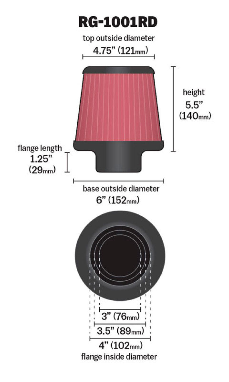 K&N Universal Air Filter Chrome Round Tapered Red - 4in Flange ID x 1.125in Flange Length x 5.5in H K&N Engineering Air Filters - Universal Fit