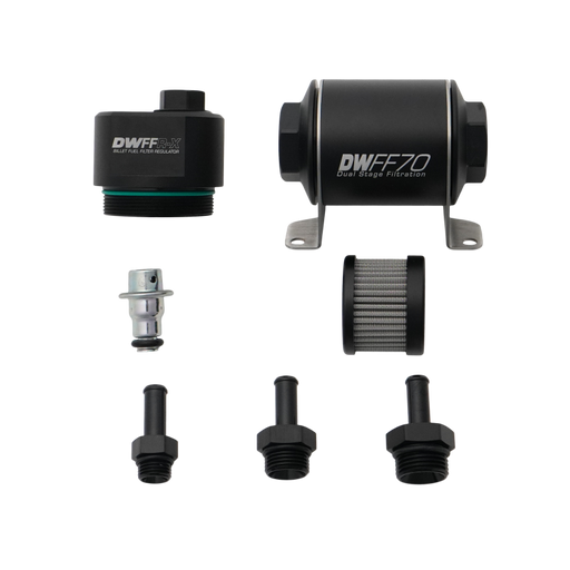 DeatschWerks DWFFR-X 70mm Billet Fuel Filter Regulator - 10 Micron with 3/8in Fittings DeatschWerks Fuel Pressure Regulators