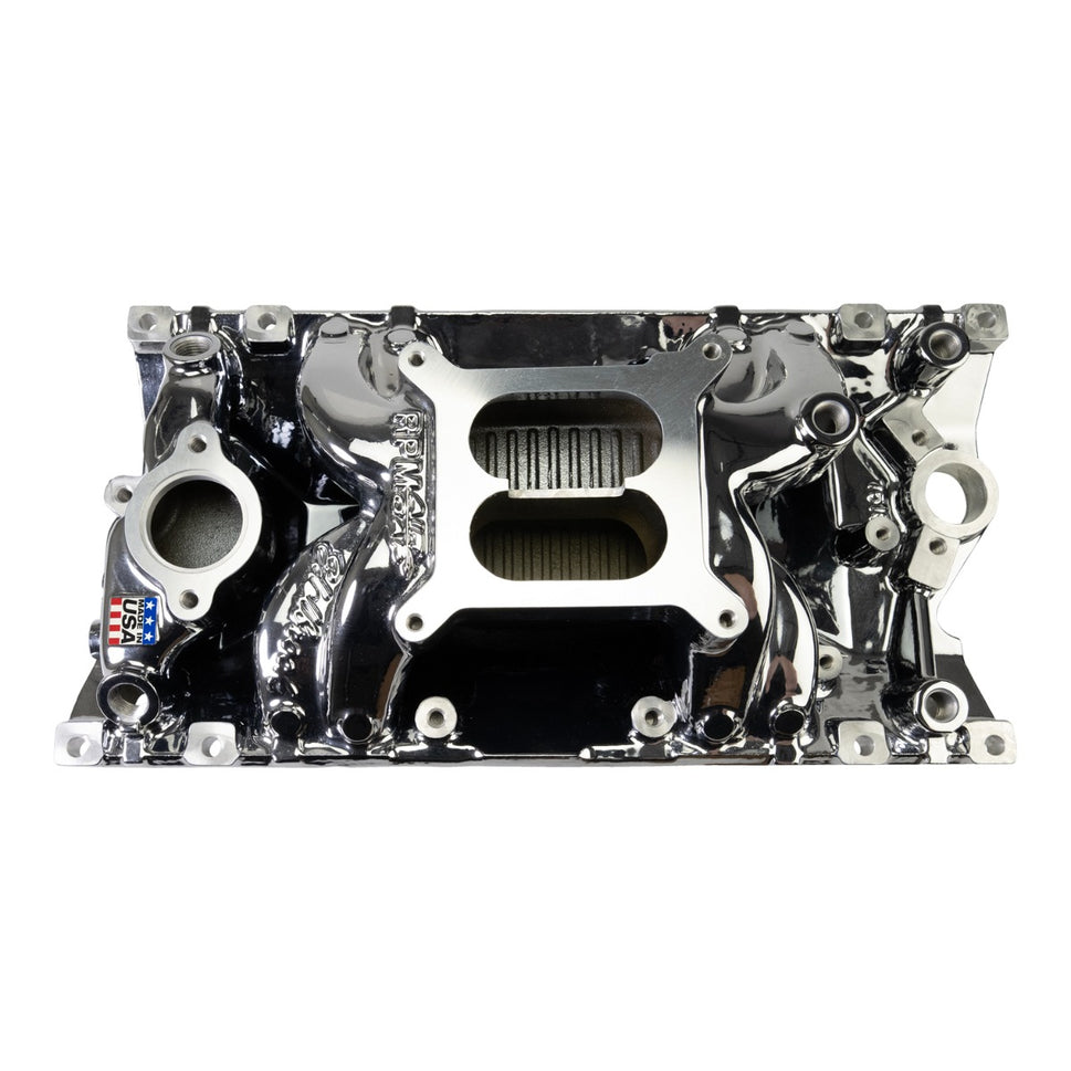 Edelbrock RPM Air-Gap Manifold for Small-Block Chevy Vortec, Chrome Plasma